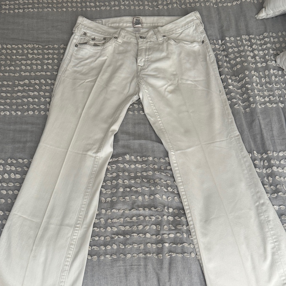 True Religion Cream Jeans with Gray Stitching